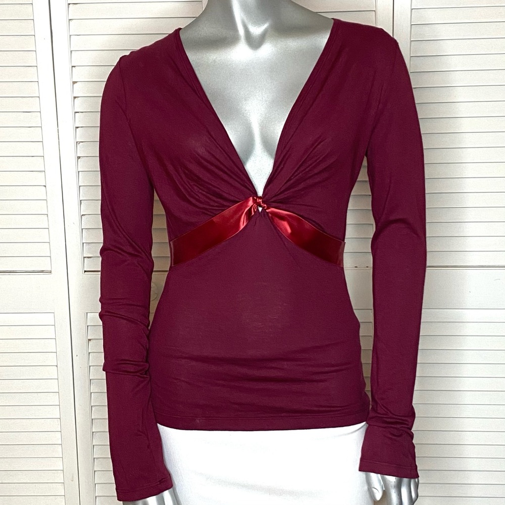 Rebecca Beeson Anthropologie Wine Red V-Neck Long Sleeve Ribbon Top Shirt 1 S